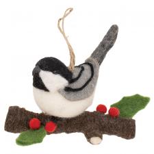 Felted Chickadee on Branch Ornament