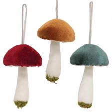 Velvet Mushroom Ornament, 3 Asstd.